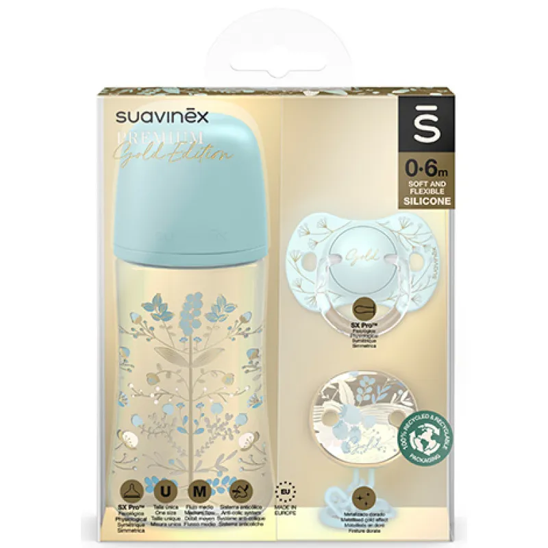SUAVINEX GOLD SET 270ml + DUDLÍK FYZIOLOGICKÝ 0/6 + KLIP GOLD