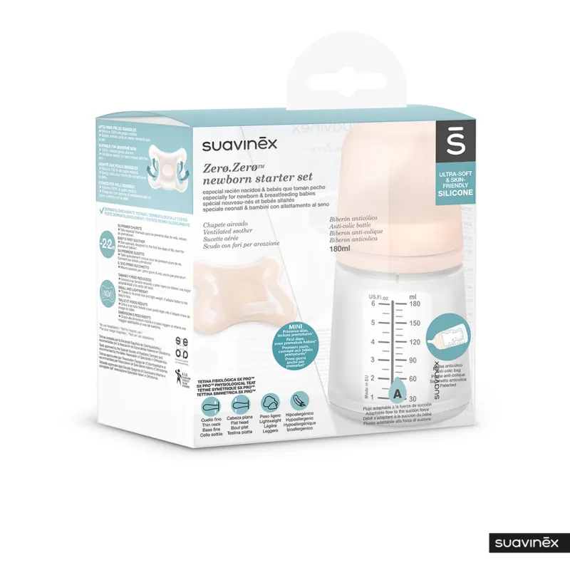 SUAVINEX SADA ANTIKOLIKOVÁ Zerø.Zerø™ LÁHEV 180 ml A + dudlík Zerø.Zerø™ -2/ 2M