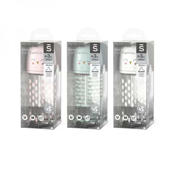 SUAVINEX Láhev sklo BONHOMIA 240 ml fyziologická SX PRO +3 MF