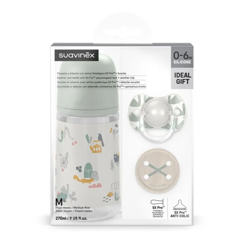 SUAVINEX Sada láhev 270ml + dudlík fyziologický 0/6m + klip Walk