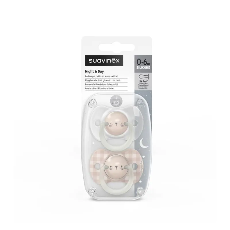 SUAVINEX Šidítko DEN&NOC fyziologické silikon 0-6 m - 2 ks