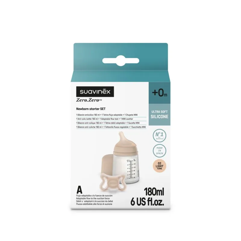 SUAVINEX SADA ANTIKOLIKOVÁ Zerø.Zerø™ LIGHT LÁHEV 180 ml A + dudlík Zerø.Zerø™ -2/ 2M